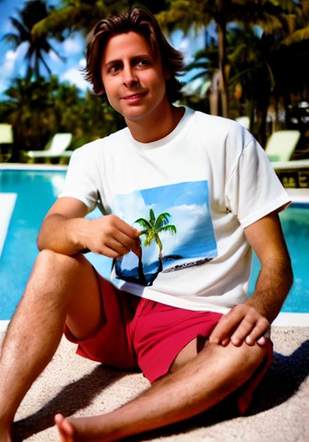 portrait bndr, man, poolside, palm tree, glamour, t-shirt, shorts