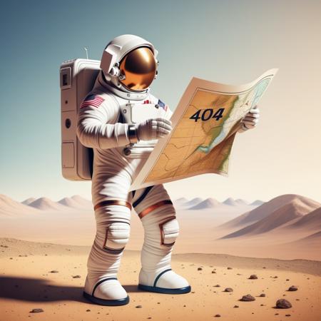 An astronaut on a foreign planet, humorously consulting a map with a big text "404"++ 