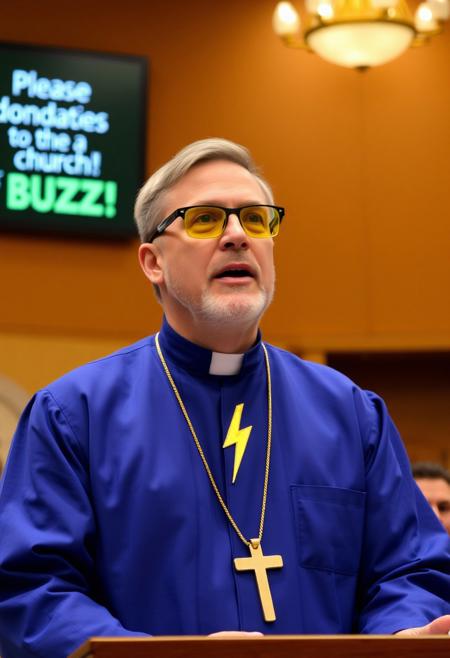 Man wearing yellow tinted glasses and a blue priest uniform inside auditorium behind podium preaching, he is wearing golden lightning bolt symbol necklace prominently visible, behind him is a sign with text "Please donate to the church of BUZZ!". No cross symbol.