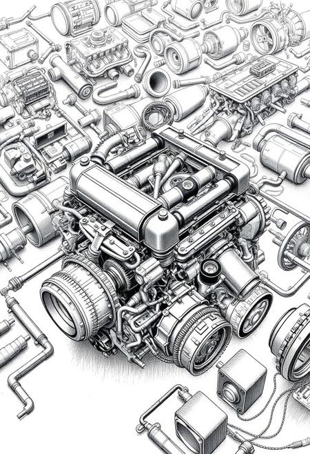 a technical drawing of a disassembled car engine in the style of Peter Aschwanden, engine parts spread out in the background, car parts, multiple pieces, overwhelming array of parts, highly detailed and intricate