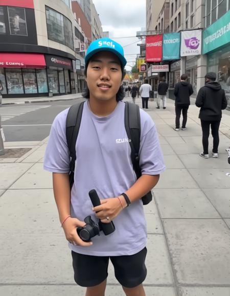 A realistic scene featuring an Asian YouTuber standing on a bustling street. This individual should have a vibrant and engaging demeanor, holding a microphone in one hand and a wrapped gift in the other, possibly preparing for a street interview or a giveaway segment. The backdrop should capture the essence of a lively urban setting, with pedestrians, shops, and city elements. The YouTuber's attire should be trendy and camera-ready, reflecting their online persona. The scene should be captured with the clarity and detail of a high-resolution photograph, emphasizing the YouTuber's pose, the items they're holding, and the vibrant street environment,<lora:onedarll:0.85>