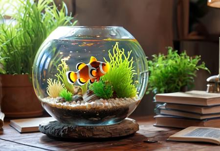 (ultra HD quality details), very aesthetic, a (very small Clown fish) inside a round aquarium on a messy wood desk, lot of books around, lot of plants in messy background, intricate details, 8k, F2.8, RAW Photo, OverallDetail, high detailed, best quality,