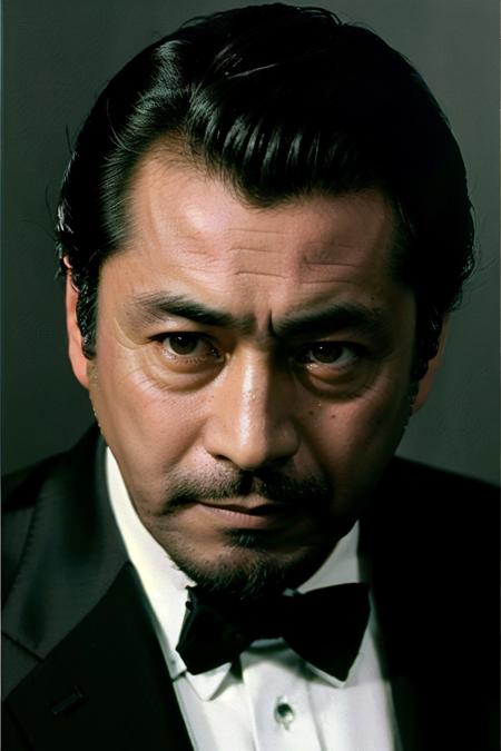 cinematic film still cinematic photo documentary photo, headshot  portrait,
(masterpiece, realistic, best quality, high quality, highres, ultra-detailed),
<lora:ToshiroMifune_SD15_v1.0a:1>
proudly confident and handsome Toshiro Mifune with a five-oclock shadow beard, posing in a
White Kenzo Takada dress shirt with French cuffs, black bow tie, and black Kenzo Takada tailored suit jacket, beautiful seams, streamlined silhouette
perfect studio lighting, rule of thirds, simple backdrop, incredibly colorful fabrics, unique clothing patterns, grey backdrop, simple background,
detailed face in style of Chuck Close . 35mm photograph, film, bokeh, professional, 4k, highly detailed . shallow depth of field, vignette, highly detailed, high budget, bokeh, cinemascope, moody, epic, gorgeous, film grain, grainy