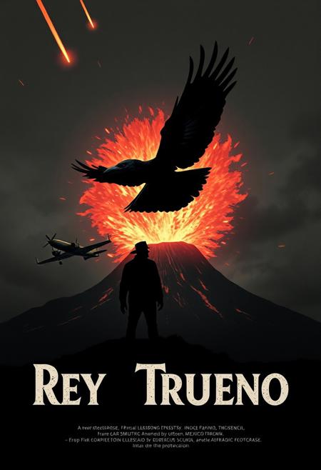 vintage movie poster with black SKY very clean colours, meteors falling from sky, and a black raven flying with wings  like thunders coming out from a volcano erupting ,wind seems like flames, behind a very clear silhouette of man from mexico looking to the raven in sky, a plane hit by a storm flying in the distance. extremely intricate, stylized and classy concept art, a professional photograph. Detailed Textures, high quality, high resolution, high Accuracy, realism, color correction, Proper lighting settings, experimental art composition
Text "Rey Trueno",