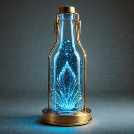 <lora:Fractangles_Flux:1.0000000000000002> <lora:Bioluminescent_World-000007:1.0000000000000002> <lora:Qu4ntumPunk_XL-SGX:1.0000000000000002>

A glowing glass bottle, sits on a brass vending tray, freshly dispensed from a humming steampunk machine. The bottle is sealed with a pressure-lock brass cap and reinforced with riveted metal bands. Inside, a swirling galaxy churns — nebula clouds, tiny glowing stars, and a central singularity pulsing with violet-blue light. The fluid around it flickers like dark matter syrup, refracting rainbow glints along the edges. Small warning glyphs circle the glass in embossed gold: "DO NOT SHAKE." Behind the bottle, steam coils upward from the vending slot, and the vending machine’s glowing interface flickers with unreadable astral runes. The brass countertop reflects the galactic light, while shadows stretch across scattered tools, blueprints, and ancient calibration dials. This is no drink — it’s a bottled universe.

galaxy in a bottle, qu4ntum, made out of fractangles, bottled universe, glowing cosmic drink, nebula inside glass, stars floating in liquid, swirling galaxy core, brass vending machine tray, embossed warning glyphs, steampunk beverage bottle, ornate pressure cap, cinematic glow, raytraced glass, dark matter fluid, cosmic alchemy, quantum energy glow, ambient fog, brass reflections, atmospheric haze, depth of field, glowing steampunk machine in background, HDR10, BT.2100-PQ, Dolby Vision tones, masterpiece, best quality, high detail, product close-up