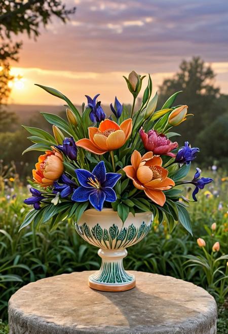 Description:
A vibrant ceramic bouquet of surreal flora, hand-sculpted with hyper-detailed textures: glossy gem-like glazes, rough matte clay, and etched lace patterns. Features translucent petals, delicate stems, and dynamic forms (unfurling lilies, spiraling buds) in jewel tones — sapphire, emerald, ruby, gold — contrasted with raw terracotta.
Background & Atmosphere:
Nestled in a lush mystical garden:
Foreground: Dew-kissed living flowers (peonies, irises) softly blurred.
Midground: The ceramic bouquet centered on a weathered stone pedestal covered in velvety moss.
Background: A dramatic twilight sky (gradient: burnt orange → deep violet) over silhouetted wildflower fields and ancient oak trees.
Atmosphere: Ethereal golden-hour glow, floating pollen motes, fireflies.
Lighting & Style:
Warm backlight from the setting sun illuminates translucent petals, casting long dramatic shadows. Shallow depth of field keeps focus on the ceramic piece. Rendered in photorealistic 8K detail, cinematic composition.