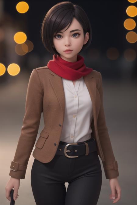 girl, beautiful, detailed eyes, black eyes, black short hair, red scarf, brown jacket, black pants, dynamic pose, (close up, from belt:1.2), (best quality, high quality:1.2), intricate details, 8k, photorealism, photorealistic, bokeh, cinematography, cinematic, cinematic lighting, cinematic bloom, sharp focus, sfw