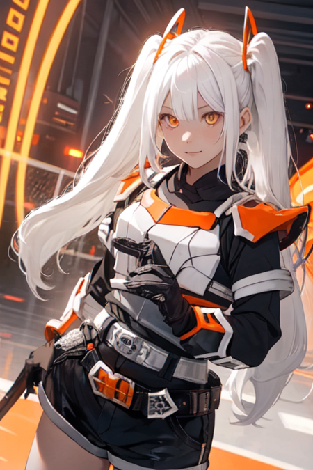 Geats, 1girl, solo, long hair, black gloves, twintails, yellow eyes, white hair, black shorts, armor, orange eyes, rider belt