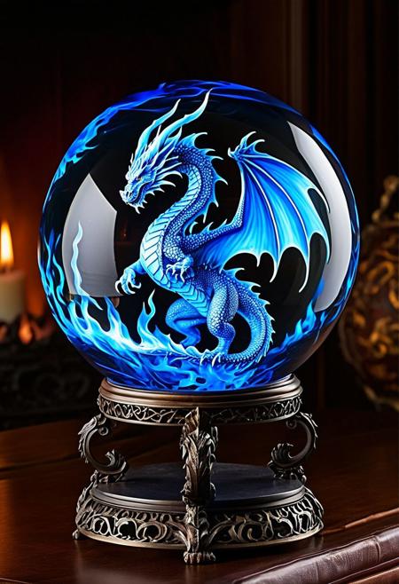 extremely high-quality, photorealistic, and ultra-detailed image of a small blue dragon made entirely of flames, encased within a clear glass sphere. The dragon should have intricate, fiery details, with blue flames that give off a magical, ethereal glow. The glass sphere should be crystal clear, allowing the vivid blue flames to be seen in exquisite detail from all angles. The sphere is supported by an intricate and ornate stand made of dark, antique metal. The stand should feature detailed carvings and arms that extend upwards to wrap around the sphere, holding it securely in place. The composition should highlight the contrast between the vibrant blue flames and the dark, ornate stand, with rich colors, dynamic lighting, and a background that keeps the focus on the dragon and the sphere. Ensure the image is of the highest quality with masterpiece-level detailing, hyperrealistic visuals, and extremely high resolution (16k, 8k, 4k, UHD, HDR). The lighting should create a sense of depth and realism, with reflections and refractions in the glass sphere and a warm glow emanating from the flames.