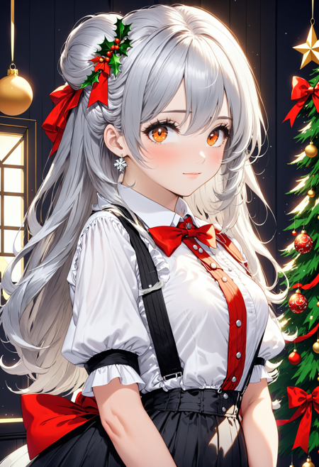 Christmas Theme, 1 girl,solo,orange eyes,happy,silver hair, long hair, bangs, hair_ornament, puffy_sleeves, shirt, short_sleeves, suspenders,, #vfxfriday, cottagepunk, rtx, masterpiece , holidayxl style,  <lora:HolidaysIdidalittlebiteXL:0.8>