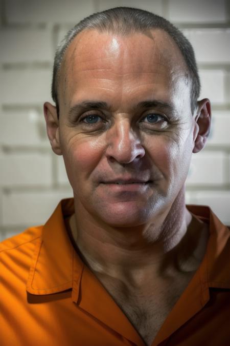 raw photo of a man in a prison cell, orange prison uniform, 8k uhd, perfect face, clear eyes, clean shaven, [smiling:0.5], <lora:anthonyHopkins:1>