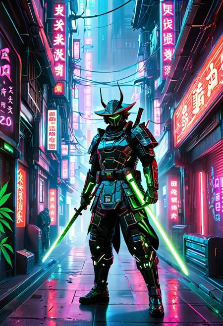 futuristic samurai warrior wearing high-tech armor with glowing circuits, neon katana, cybernetic enhancements, standing in a misty neon-lit alley, holographic signs and futuristic Japanese architecture, intense cinematic lighting, ultradetailed, epic pose, 420 Futurism style, concept art, full body, dynamic perspective
, 420futurism