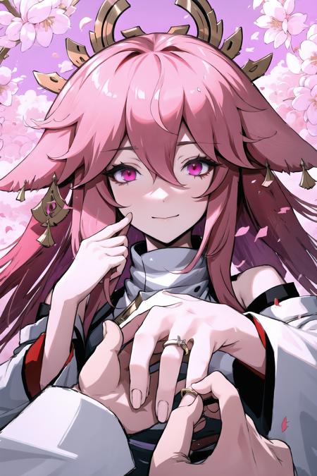 High Quality, Masterpiece, IncrsProp, <lora:Proposal:1>, yae miko, pink eyes, long hair, pink hair, animal ears, <lora:Char_GenshinImpact_YaeMiko:0.75>, wedding ring,