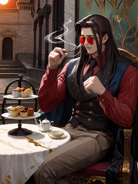 highres,masterpiece,best quality,1boy,<lora:ShadowverseIceschillendrigV3:0.75>,vest,formal,jacket,tie,sitting,afternoon,wearing red sun glasses,smoking cigarette,Western style courtyard,grass,Marble table,tablecloth,afternoon tea,deserts,black tea,gold-trimmed ceramic eacups,gold-timmed teapot,silverware