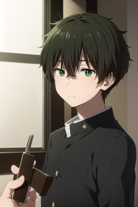 houtarouoreki, <lora:houtarou oreki s1-lora-nochekaiser:1>,
houtarou oreki, short hair, bangs, black hair, hair between eyes, (green eyes:1.5), male focus,
BREAK school uniform, gakuran,
BREAK indoors, classroom,
BREAK looking at viewer, (cowboy shot:1.5),
BREAK <lyco:GoodHands-beta2:1>, (masterpiece:1.2), best quality, high resolution, unity 8k wallpaper, (illustration:0.8), (beautiful detailed eyes:1.6), extremely detailed face, perfect lighting, extremely detailed CG, (perfect hands, perfect anatomy),