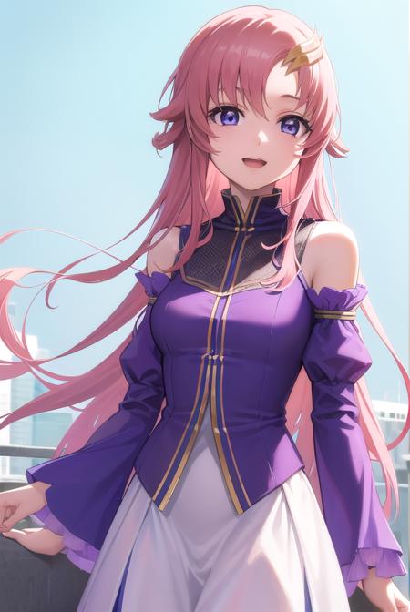 lacusclyne, <lora:lacusclyne-lora-nochekaiser:1>,
lacus clyne, (purple eyes:1.1), hair ornament, long hair, wave hair ornament, pink hair, smile, open mouth,
BREAK dress, long dress, long sleeves, white sleeves, frills frilled skirt, frilled sleeves, detached sleeves, bare shoulders, purple skirt, purple frills,
BREAK looking at viewer, (cowboy shot:1.5),
BREAK outdoors, space, star \(sky\), sun, 
BREAK <lyco:GoodHands-beta2:1>, (masterpiece:1.2), best quality, high resolution, unity 8k wallpaper, (illustration:0.8), (beautiful detailed eyes:1.6), extremely detailed face, perfect lighting, extremely detailed CG, (perfect hands, perfect anatomy),