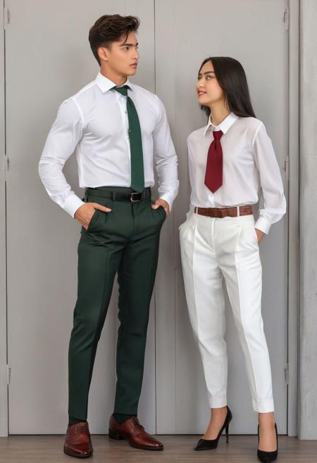 realistic, extremely high quality RAW photograph, intricate, Exquisite details and textures, highly detailed, ultra detailed photograph, 4k, high resolution, detailed skin, couple of boy and girl, the boy is handsome and well-groomed, he wears a white shirt with a tie, he wears pleated pants with a belt, he wears black men's dress shoes, the boy's face conveys security and strength, the girl has a beautiful and perfect face, well made up, dark hair, long hair, green eyes, she is wearing very suggestive and daring clothes, the girl is wearing an unbuttoned red blouse, the girl is wearing a black miniskirt, the girl's face conveys desire and desire to reproduce, the girl pulls the boy by his tie, the girl pulls on a tie, she has one leg raised behind her, the couple is next to a door to a public bathroom
