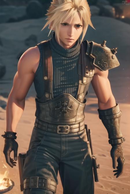 cloud strife, blonde hair, male focus, spiked hair, (grey eyes:1.3), gloves, sleeveless, black gloves, pants, armor, turtleneck,