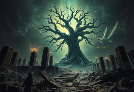 BEHOLD, A universe inside a universe within mysteriously unknowable known in an unfathomable realm of fantastic creation inhabited by ancient shadows of a forgotten time beyond the gate of the gateless gate where life is limitless, light is shadow and shadow is light, eerie sense, horror, spark of the beginning, existence and nonexistence at once, ethereal, behold the end of the beginning, inglorious glory to the dark one, betrayal of the ancient order, beware 7headed beast, destroyer of old ways, bearer of unbearable, nightmarish, archaic runes, tree aging backwards, breath of gods, ruins of a place unimagined, extreme intricate detail, photorealistic, beyond epic scene, fate discarded, unseeable face of god, the end is the beginning, the beginning is the end, man arises as god dies, as above so below, as below so above, emerald tablet, thoth, guardian and saboteur of existence, hopeless hope, ghosts of the unborn, conception of the inconceivable, cosmic well of imperceptible perception, evil aura, infinite emptiness, pillars of void, overwhelming subtlety, abstract sacred geometry, beams of readiness without intention, gift of doom, despair of the ages, hidden secret warnings from dead gods, carved by the conductor of unholy loneliness of time incarnate, consumed by the night itself, beautiful tragedy of hellish discovery, unraveling mist of unreal reality, philosophers stone, proclaim the nameless name of collapsed eternity, infernal maleficium, center of unfound