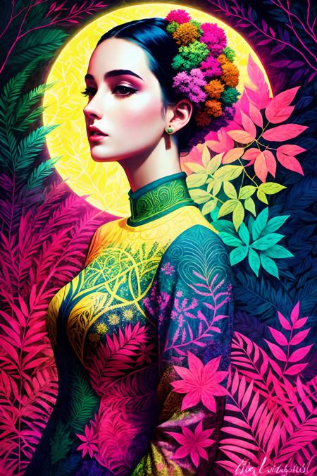 cover art, illustration, bright psychedelic portrait of a beautiful  25 year old woman wearing a paisley dress, BlacklightForestStyle, outdoor fashion editorial, (intricate details, hyperdetailed) by Lillian Bassman <lora:BlacklightForestStyle:0.8>