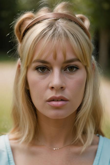 Realistic photo of a beautiful br1g1tt3-v2 woman,  1girl, solo, long hair, looking at viewer, bangs, blonde hair, shirt, upper body, hairband, parted lips, teeth, lips, portrait, hand on own face, realistic, nose, soft lighting, professional Photography, Photorealistic, detailed, RAW, analog, sharp focus, 8k, HD, DSLR, high quality, Fujifilm XT3, film grain, award winning, masterpiece<lora:br1g1tt3-v2:1.0>