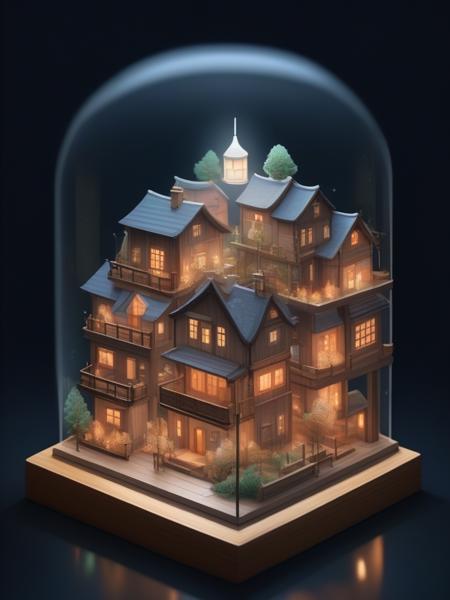 wooden town, glowing bulbs on top of every house, landscape, in glass lantern , isometric style,  miniature, <lora:isometric-v1:1>