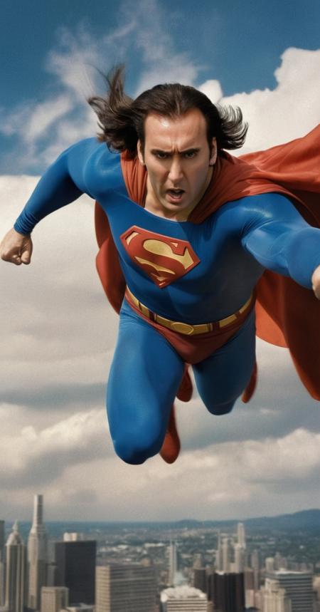 Nicolas Cage as Superman, long hair,  angry face, whole body, young 30 yo, floating on the air, surrounded by clouds, flying  superfast with the fist up,  focus on his fist and face, Metropolis in the background, detailed.