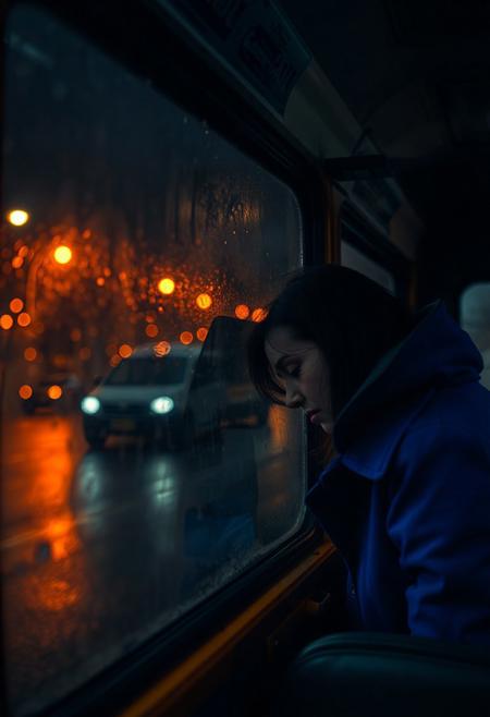 Inside an old bus, windows fogged up. Outside, dark wet streets shimmer with distorted orange streetlight reflections. A person in a royal blue coat rests their forehead against the glass. The camera zooms out through the window — the world outside feels cold, but alive.