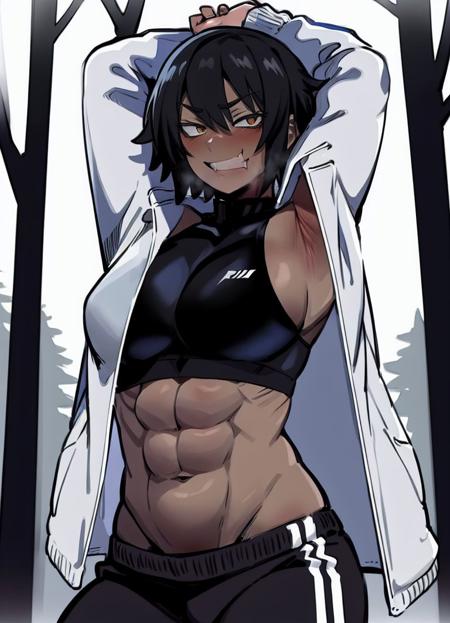 masterpiece, KureNaiZ, 1girl,solo, <lora:KureNaiZ-66:1>, dark skin, muscular female, braid, short hair, jacket, track pants, midriff, stretching, fang, biting, lip biting, detailed background, forest