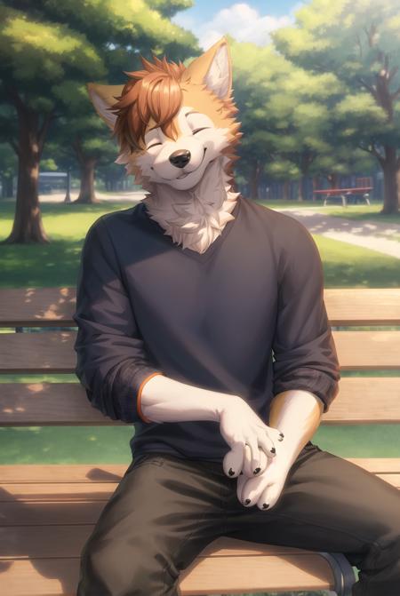 Dog, male, furry, anthropomorphic, wearing casual cloths, solo, outside, in park, siting on bench, in focus, Raytracing lighting, face and upper body focus, looking at viewer, smiling with eyes closed