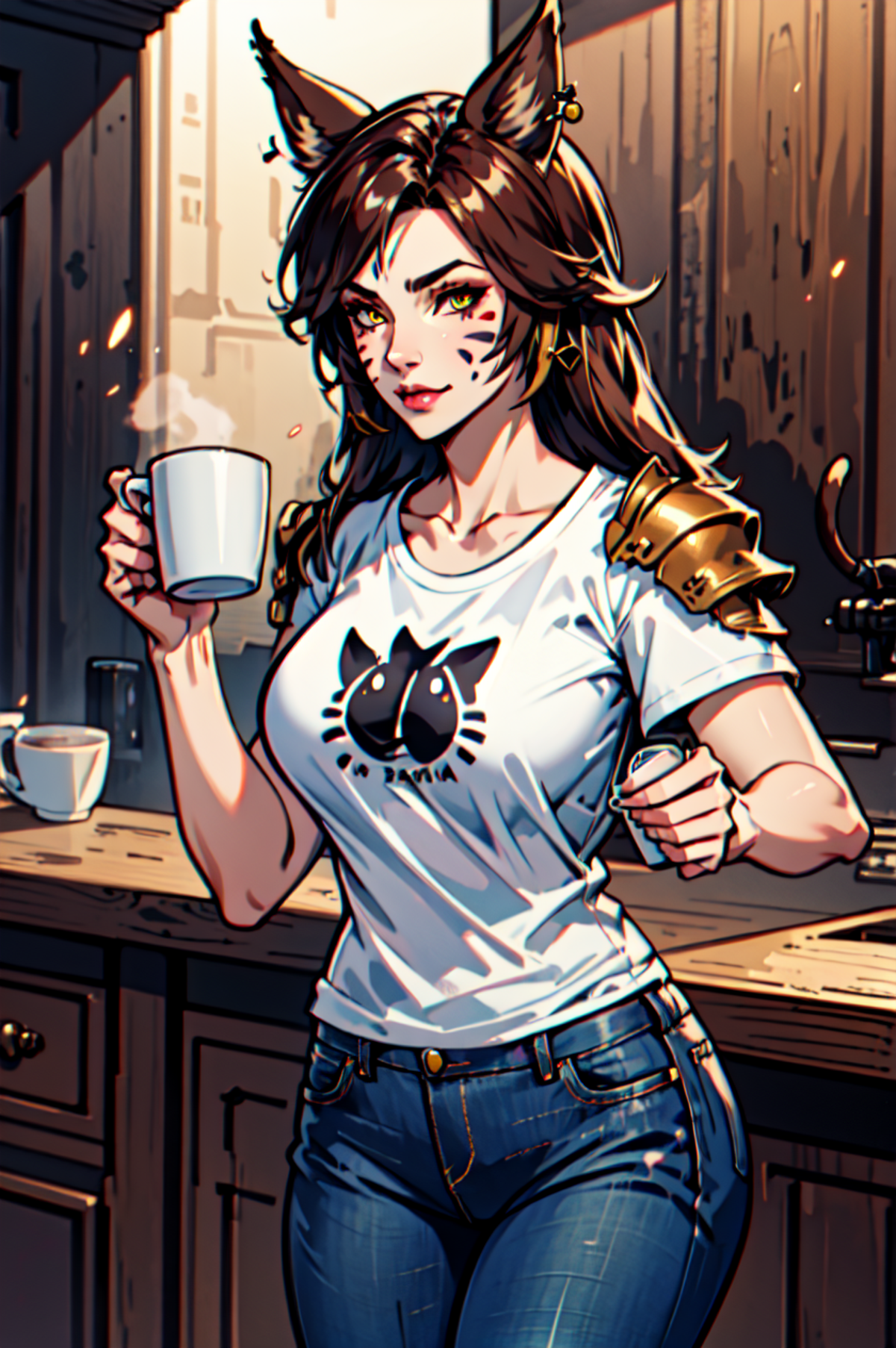 1 girl, solo, large breasts, HoldingACupofCoffee,tshirt, jeans,  Simple-Miqote