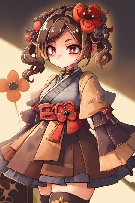 chiori, 1girl, brown hair, drill hair, hair ornament,hair flower, flower,  red eyes, elbow gloves,short sleeves,wide sleeves,  japanese clothes, kimono, pleated skirt,dress, black thighhighs,