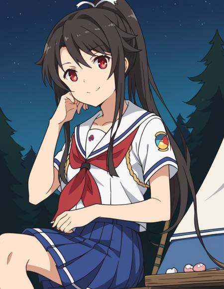 mashiro munetani, long hair, black hair, red eyes, hair ribbon, ponytail, skirt, ribbon, school uniform, short sleeves, pleated skirt, serafuku, blue skirt, neckerchief, red neckerchief,