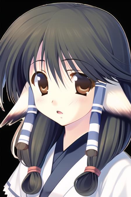 aruruu, solo, 1girl, hair_tubes, simple_background, white_background, black_hair, bangs, long_hair, looking_at_viewer, brown_eyes, open_mouth, face, sidelocks <lora:alulu:1>