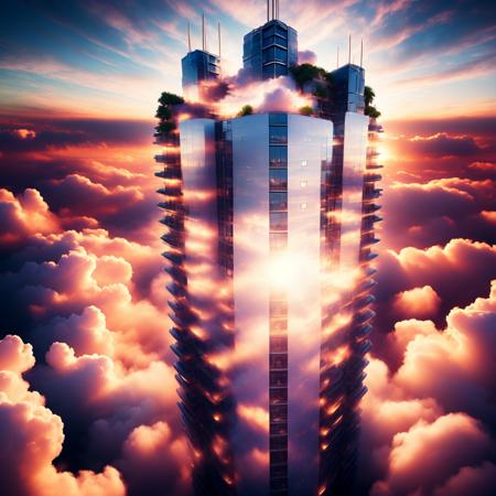 (cloudtowers style:1) a very tall building in the middle of some clouds <lora:djzCloudTowersV21:1>