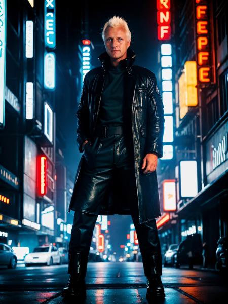 <lora:roy_batty-black jacket-29:1> roy_batty,black jacket,blue pants,standing,city street,blade runner,neon lights,futuristic city,masterpiece,bokeh,dof,soft lighting