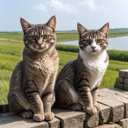 Closeup 2 cats a sitting in a German flack, Atlantic wall
, undefined