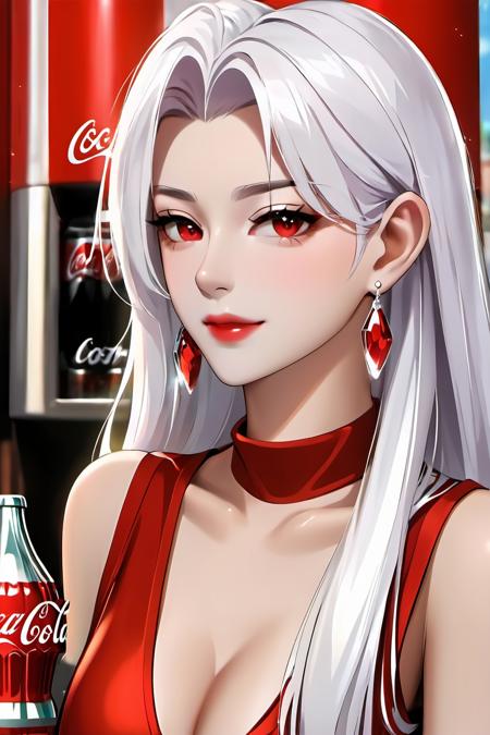 1girl, jewelry, earrings, solo, long hair, white hair, red lips, looking at viewer, coca-cola, upper body, bare shoulders, parted bangs, red eyes, sleeveless, closed mouth, red shirt, collarbone, shirt, makeup,shiny,shiny skin,milf,(mature female:1.2),<lora:fashigirl-v6-sdxl-5ep-resize:0.7>