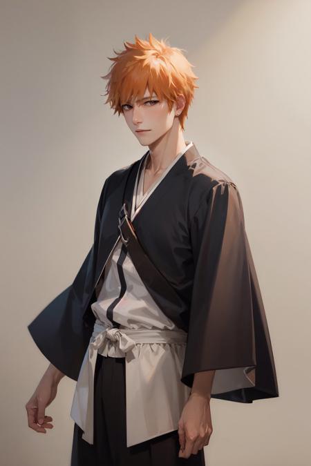 (masterpiece, best quality:1.2), <lora:bleach_kurosaki-07:1>, cowboy shot, solo, male focus, 1boy, kurosaki ichigo, slight smile, looking at viewer, short orange hair, brown eyes, japanese clothes, black kimono