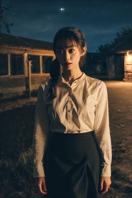 a girl standing alone in front of an old,shabby,unlit transit station in a deserted countryside on a dark night,film grain,depth of field,analog film style,vivid color,1girl,slender body,full body,beautiful eyes,beautiful symmetrical face,ponytail,bangs,blouse,skirt,fog,(night, dark, dark photo, grainy, dimly lit:1.3),(masterpiece:1.2),best quality,high quality,(realistic),(absurdres:1.2),UHD,ultrarealistic,noise,<lora:JPfilmColor_Heavy_grain:0.5>,<lora:chinese-girl:0.8>,