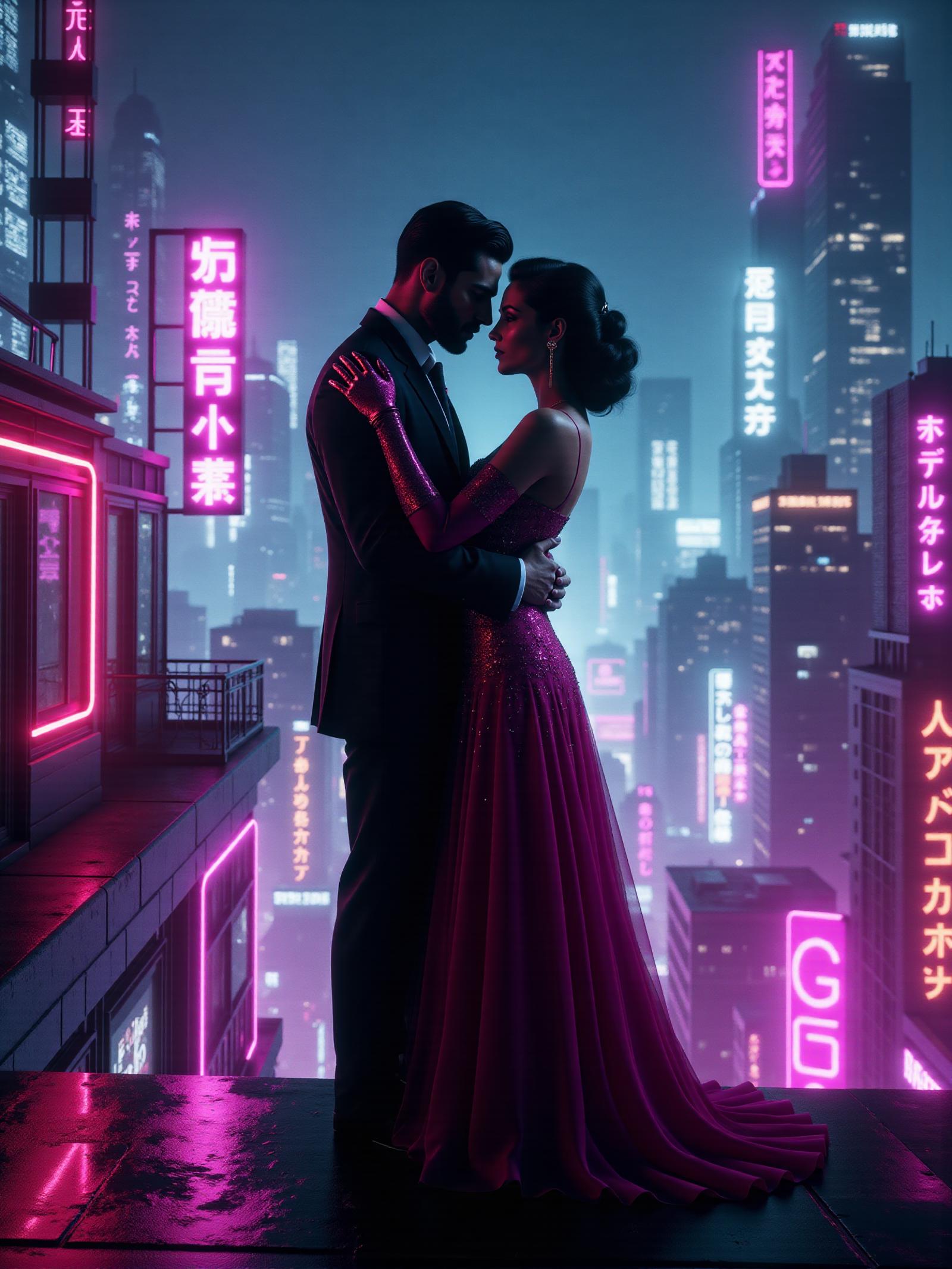 woman in long dress and man in suit embracing on the roof top of a futuristic city, (cybernetic implants , hologram, neon signs, cyberpunk:1.2), 1940s, magenta and teal hue, mad-neon-noir <lora:Neon_Noir_FLUX:0.7>