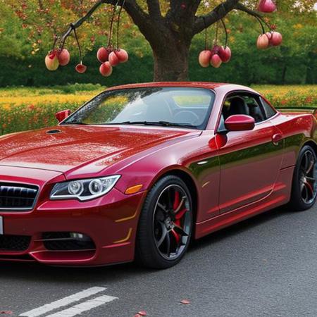 A tree with apples, the tree is red and the apples are red, car