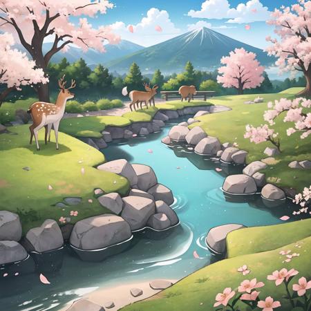 masterpiece, best quality,
nature, no humans, flowers, multiple deer, mountain, cherry blossoms,