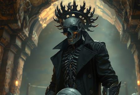 Create a 4K digital painting of a robot wearing the bone crown in meat armor from the Warhammer universe. The robot should be dressed in a black trenchcoat with an open chest, showcasing its intricate, elegant, and highly detailed flesh ornate design. Set the scene in ancient catacombs with a smooth, sharp focus and an ethereal atmosphere. Incorporate elements of volleyball, as if the robot is engaged in a game. The style should be reminiscent of Artstation concept art, with influences from Greg Rutkowski and Alphonse Mucha. Output should be in the style of an Octane render.