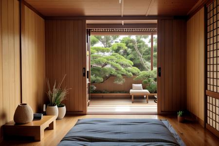 (interior:1.2), japandi style, bedroom, 