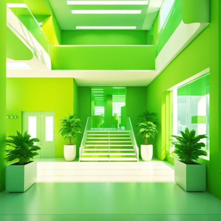 <lora:MirrorsEdge:1>, Mirror's Edge style, a clean sterile green (multi-story:1.1) office lobby, white walls, stairs, computers, desks, office chairs, potted plants, 3D, anti-aliasing, highly detailed, octane render