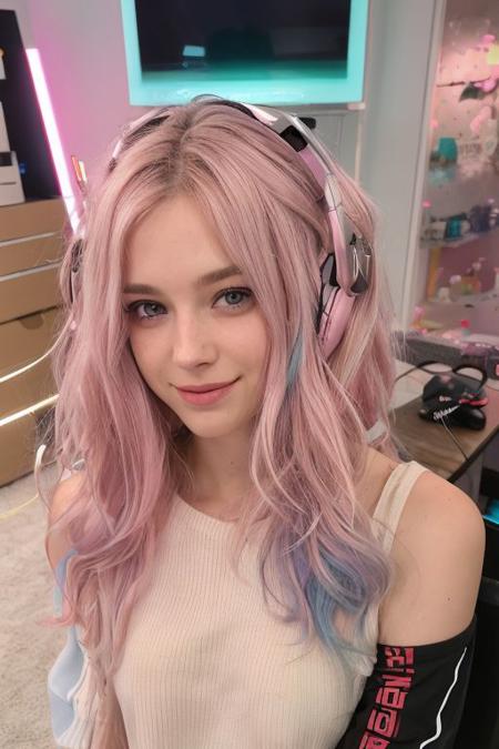 too cute to be true, 18 years old,  close-up, messy hair, colorful pastel hair, (nip slip:0.2), armpit, gamer headset, streamer light, dark gaming room, big breasts, underboob, smile, sexy, perfect face,
