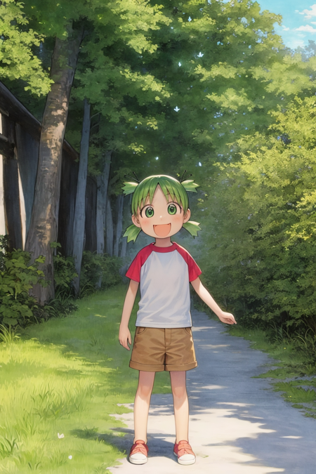 masterpiece, best quality, 1girl, yotsuba, green eyes, green hair, quad tails, raglan sleeves, shorts, outdoors, :p , trees, grass, butterflies, smile, solo, forest background, (traditional media) <lora:YotsubaKoiwai:1> <lora:add_detail:0.5>