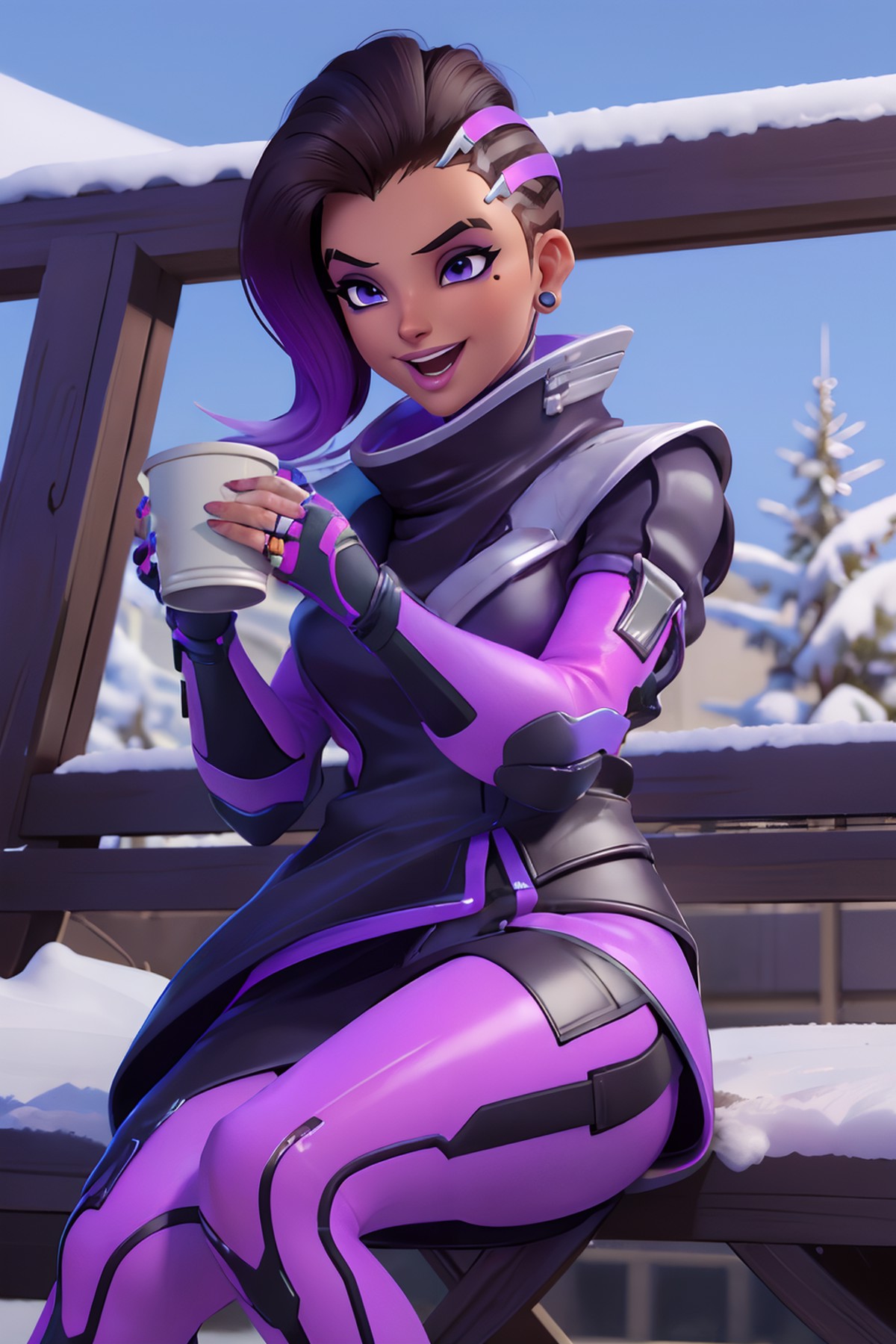 owsombra, purple eyes, mole under eye, make-up, looking at viewer, happy, laughing, mouth open, 
sitting, holding a coffee...