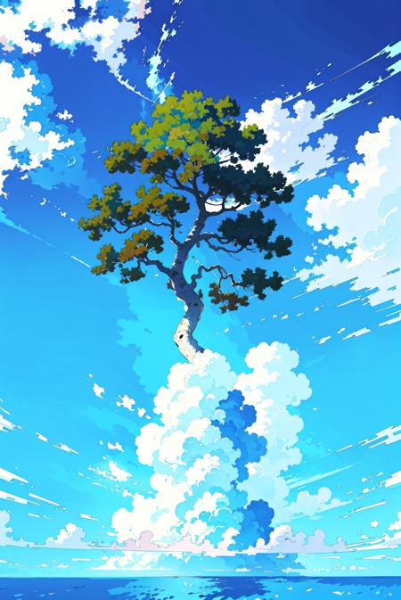 tree, no humans, cloud, sky, outdoors, house, day, smile, blue sky, aqua background, Rich colors, white cloudsï¼ aqichahua, illustration, flat color, Flat style, ocean, (Masterpiece), (best quality)